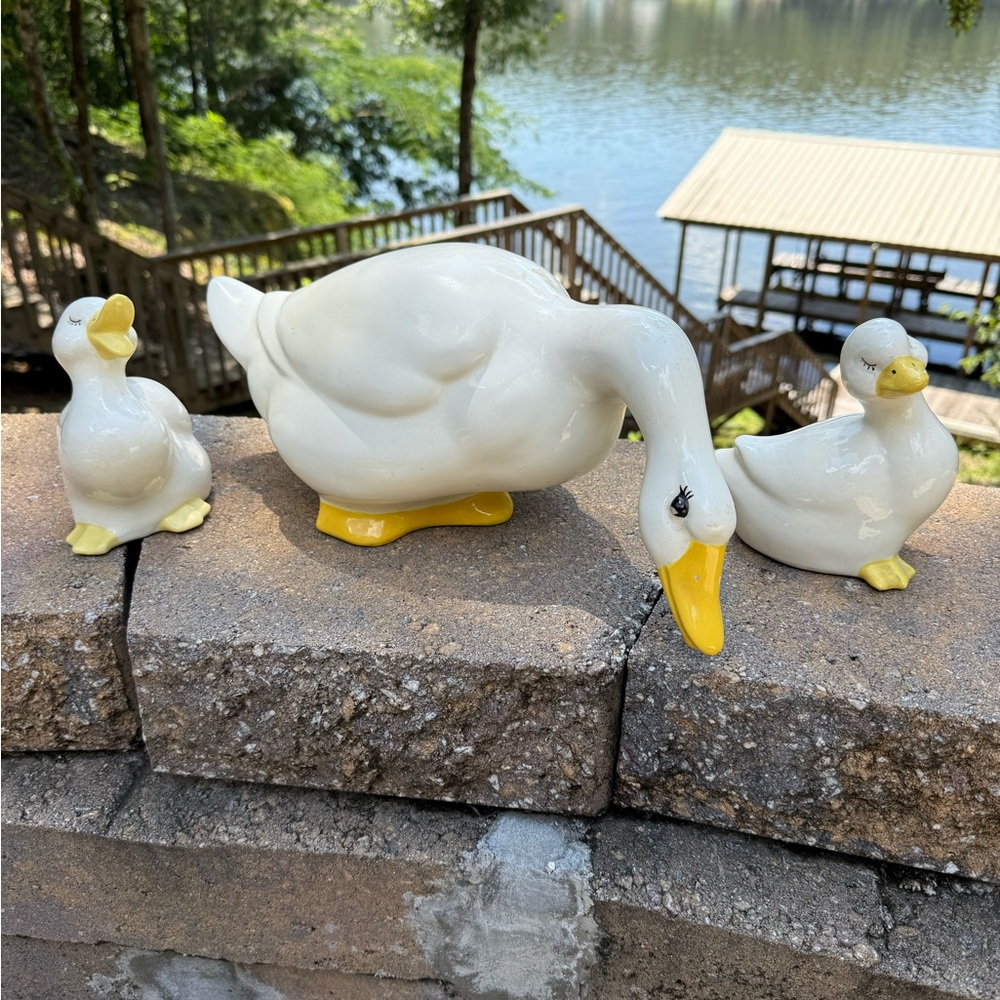 Charming White and Yellow Duck Figurine Set